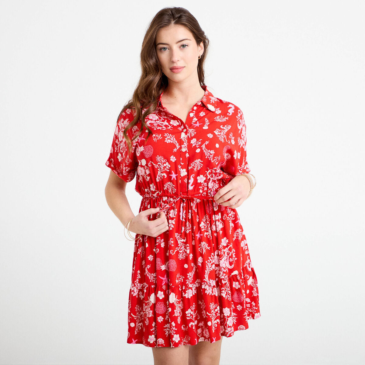 Robe courte évasée col chemise rouge femme