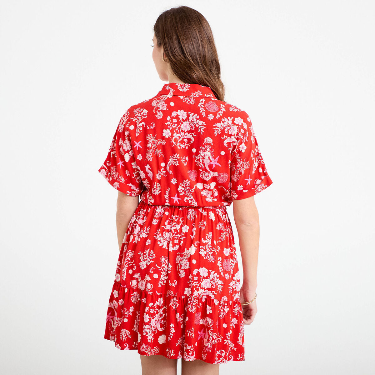 Robe courte évasée col chemise rouge femme