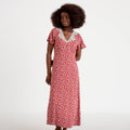 Robe longue évasée col v dentelle terracotta femme