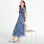 Robe longue évasée Bridgerton bleu marine femme