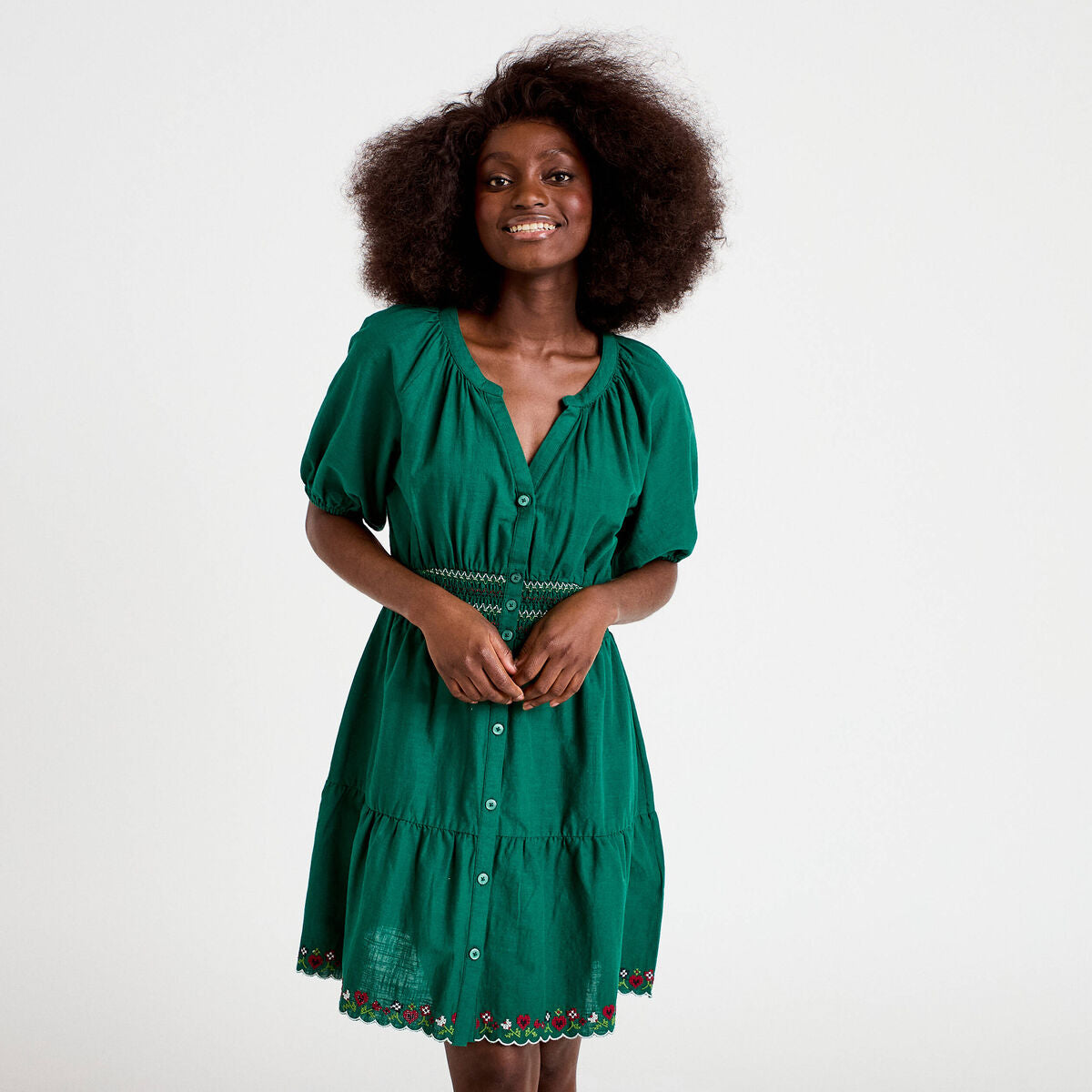 Robe courte évasée col américain vert foncé femme