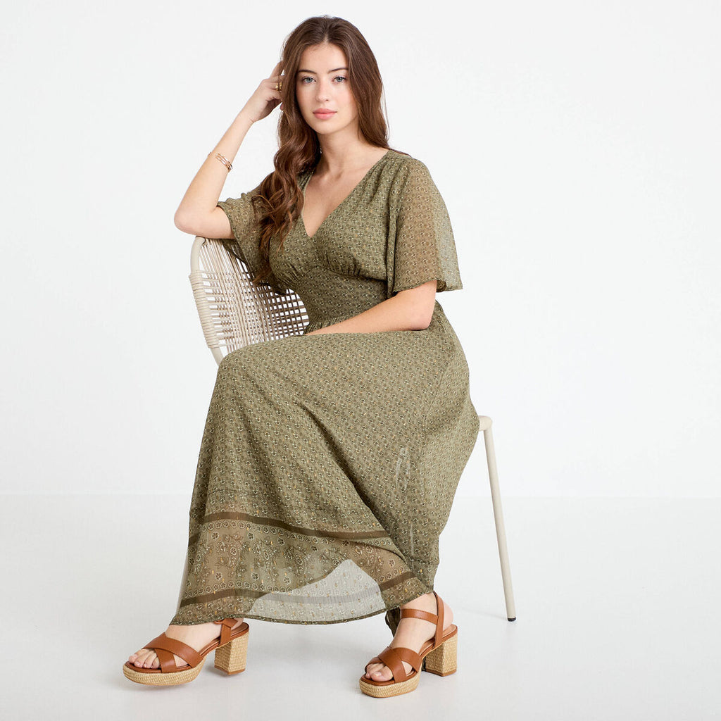 Robe longue évasée col v voile vert kaki femme