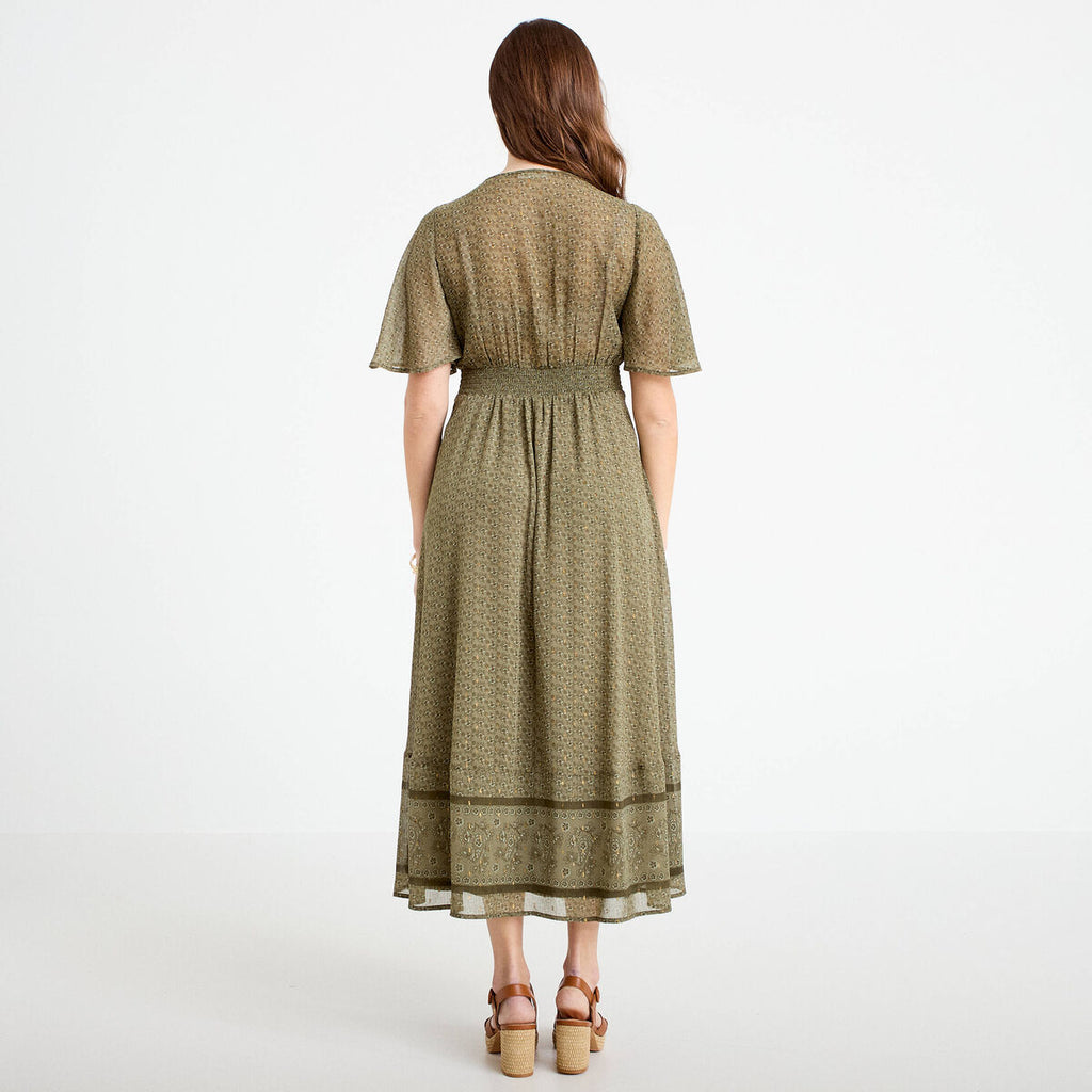Robe longue évasée col v voile vert kaki femme