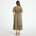 Robe longue évasée col v voile vert kaki femme