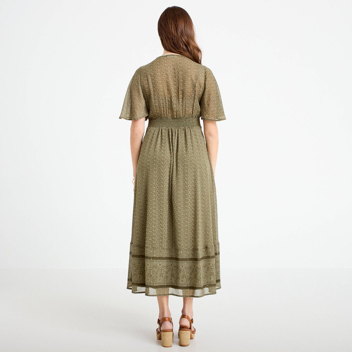 Robe longue évasée col v voile vert kaki femme