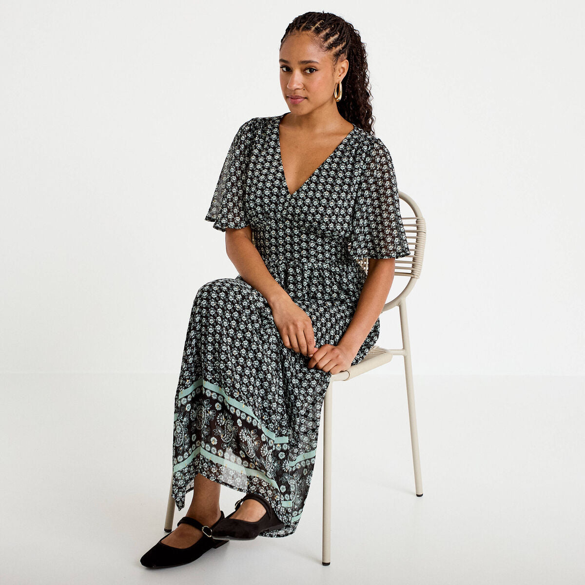 Robe longue évasée col v voile noir femme