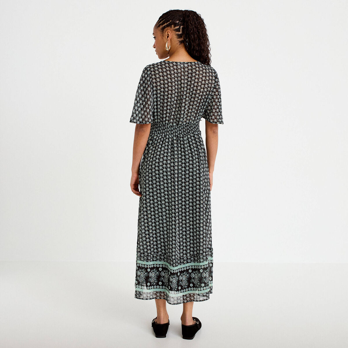 Robe longue évasée col v voile noir femme