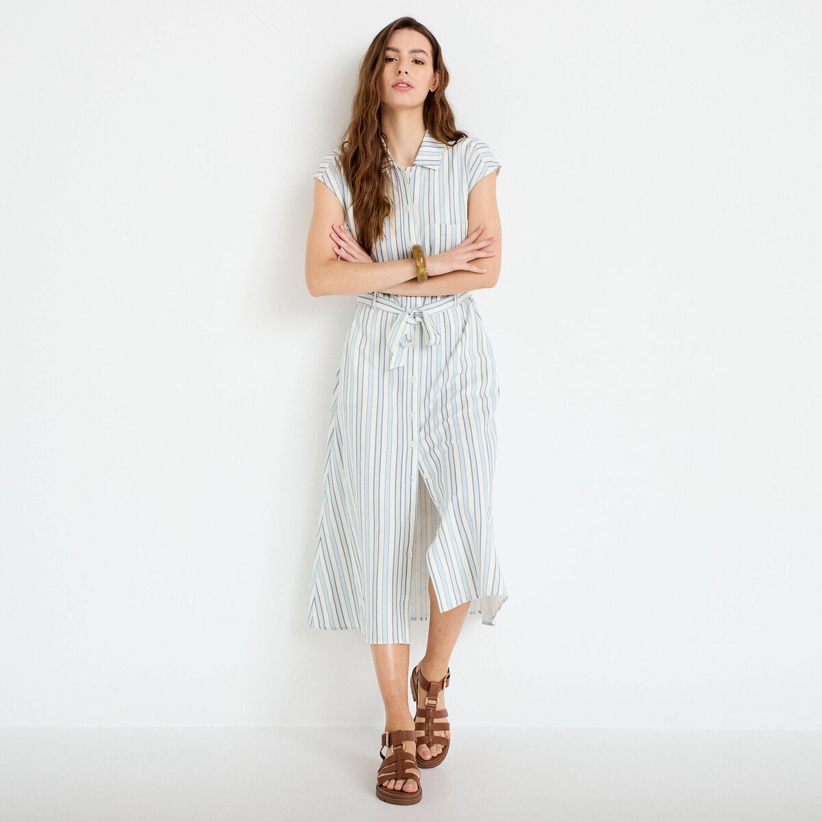 Robe midi évasée manches très courtes blanc femme