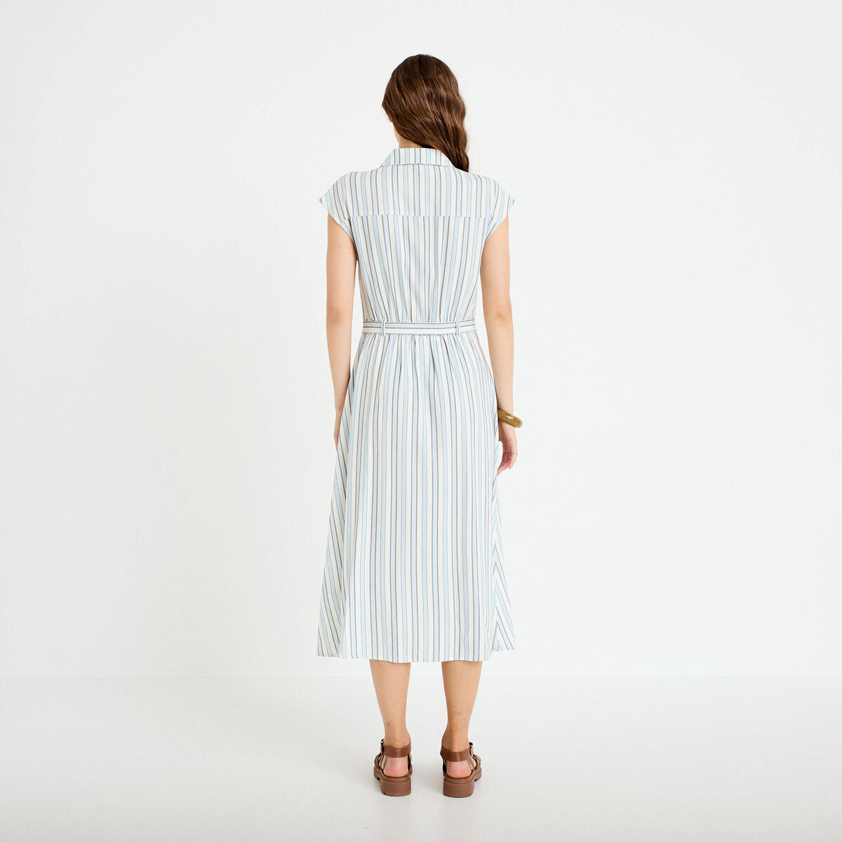 Robe midi évasée manches très courtes blanc femme