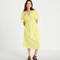 Robe midi plissée col v manches courtes jaune citron femme