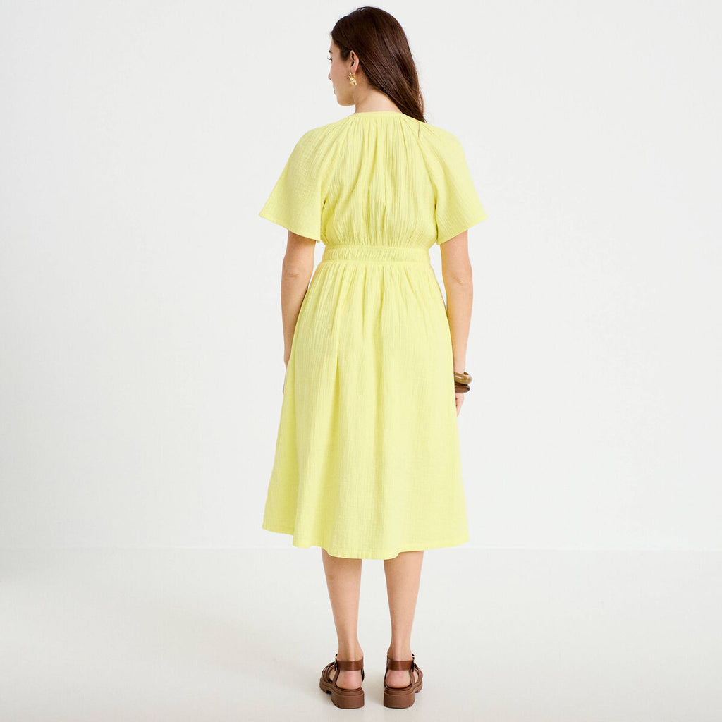 Robe midi plissée col v manches courtes jaune citron femme