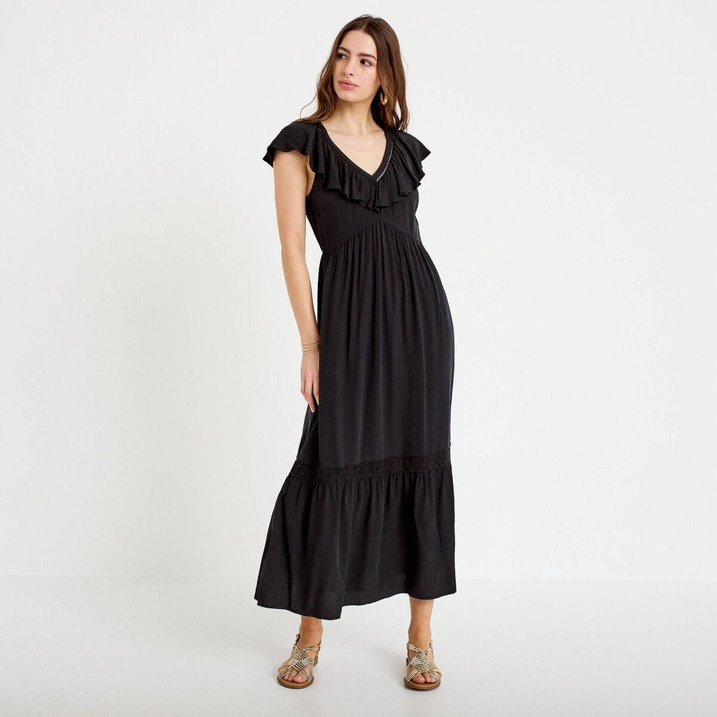 Robe longue évasée col v manches courtes noir femme