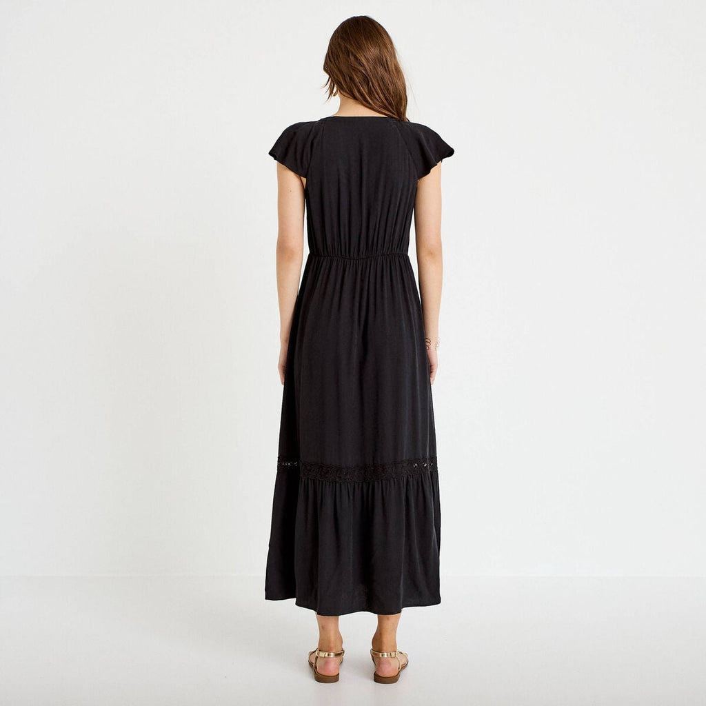Robe longue évasée col v manches courtes noir femme
