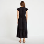 Robe longue évasée col v manches courtes noir femme