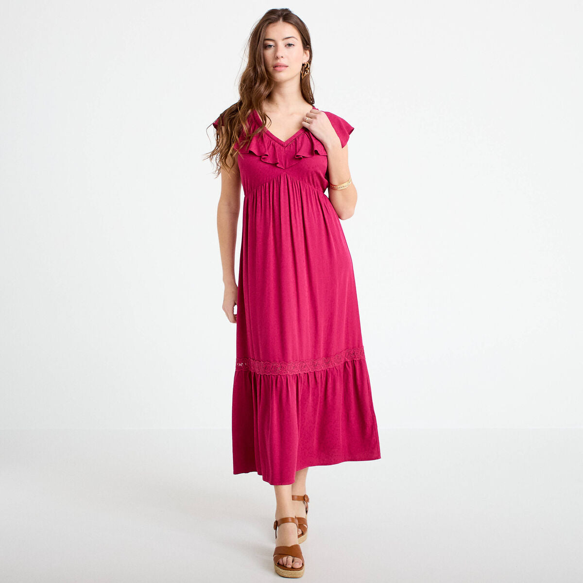 Robe longue évasée col v manches courtes rouge femme