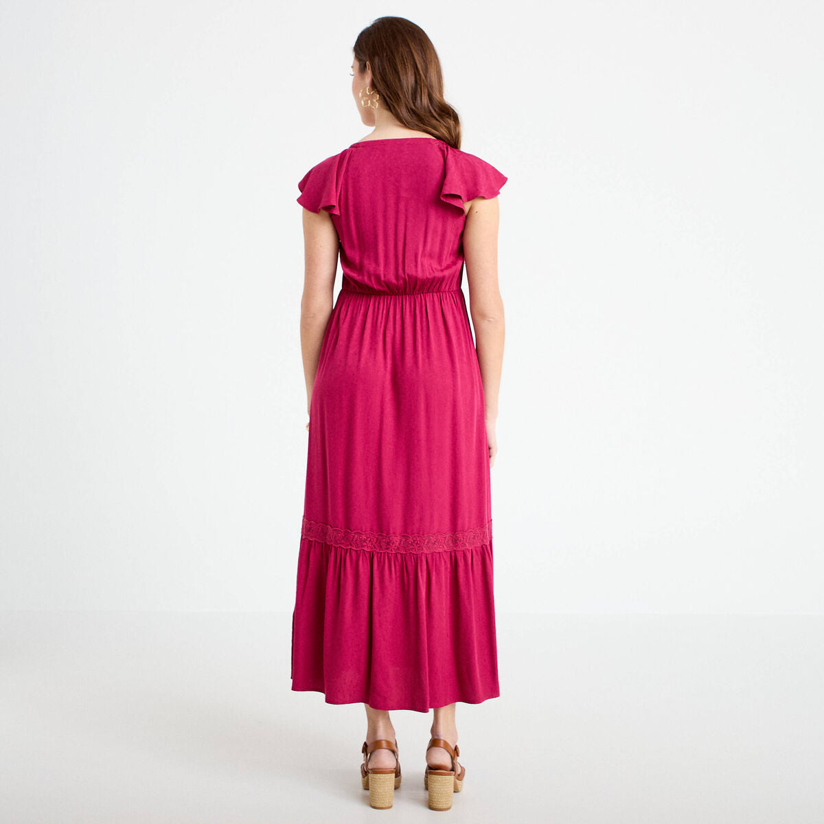 Robe longue évasée col v manches courtes rouge femme
