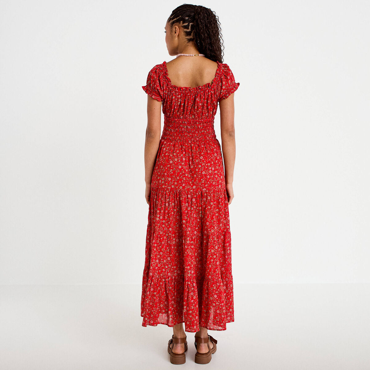 Robe longue évasée col carré rouge femme