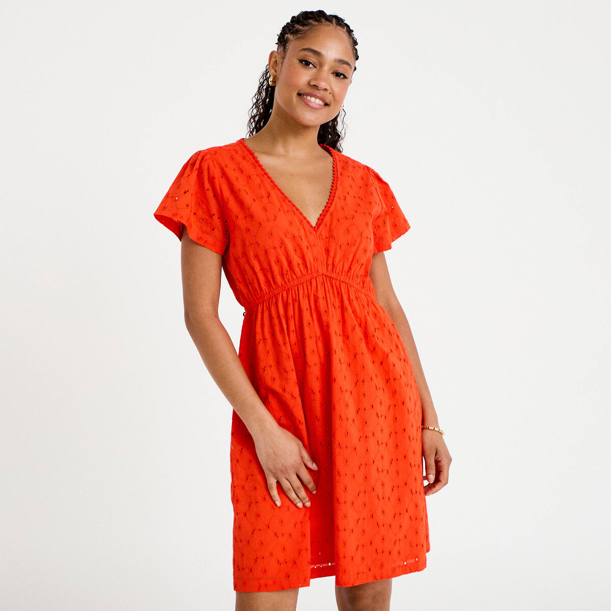 Robe courte évasée décolleté brodée orange foncé femme
