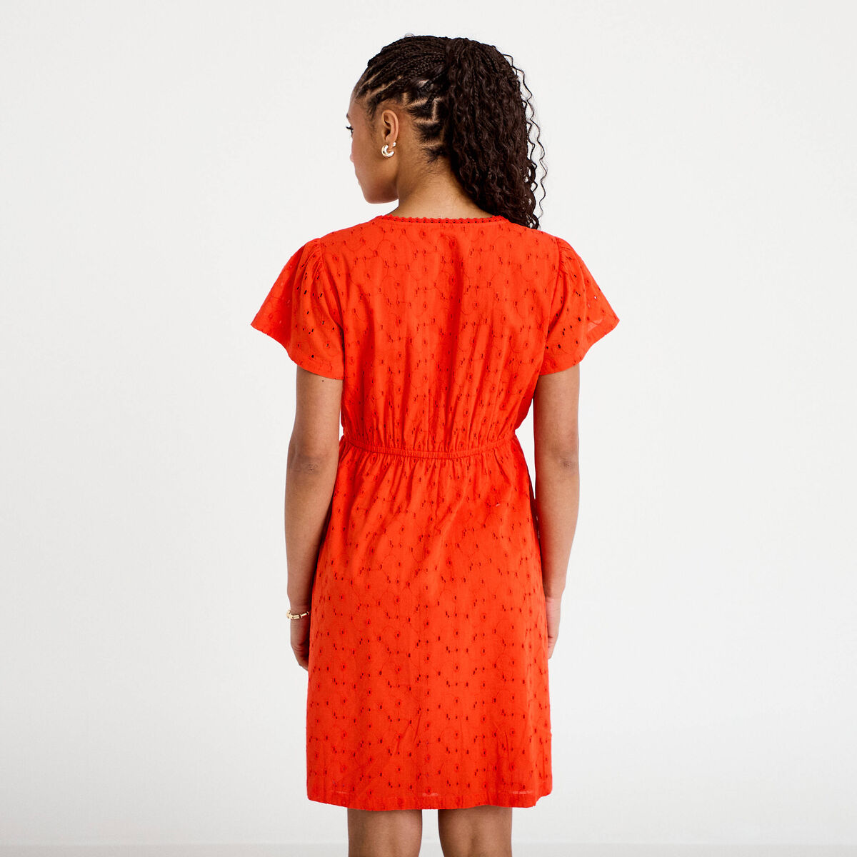 Robe courte évasée décolleté brodée orange foncé femme