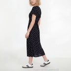 Robe longue évasée col v manches courtes noir femme