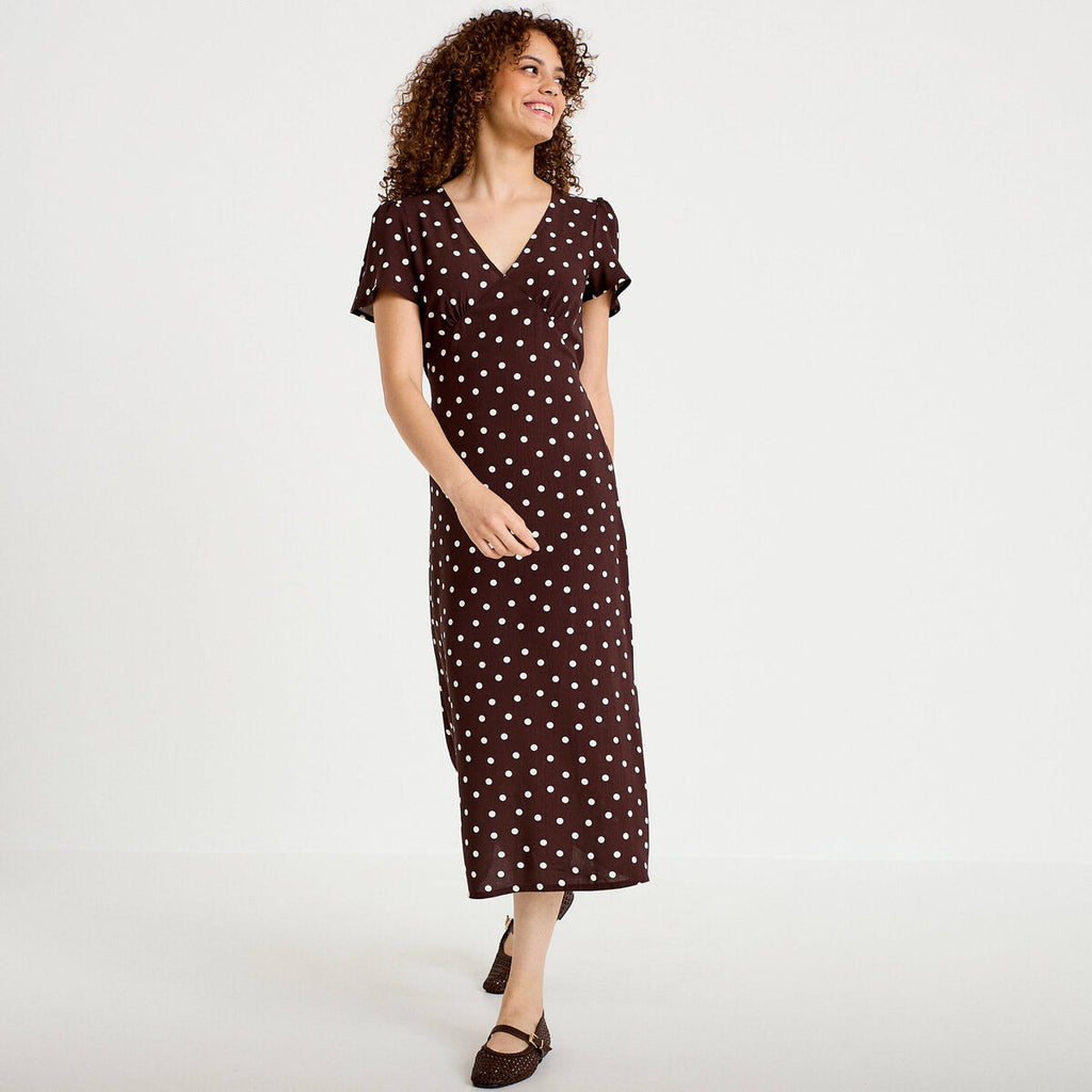 Robe longue évasée col v manches courtes marron femme