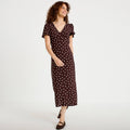 Robe longue évasée col v manches courtes marron femme