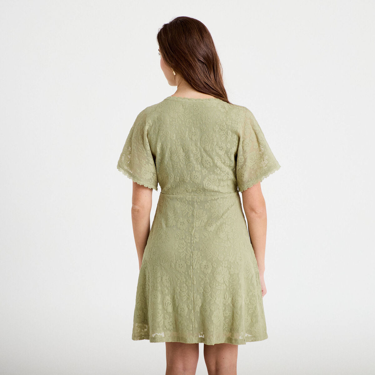 Robe courte évasée col v dentelle vert kaki femme
