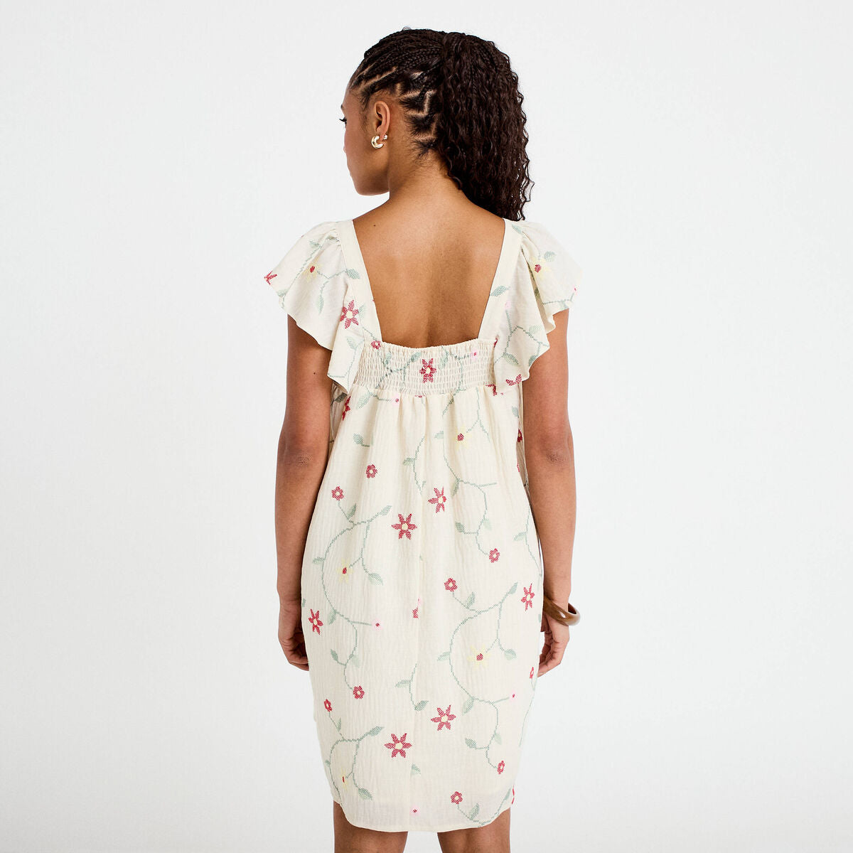 Robe courte évasée brodée blanc femme