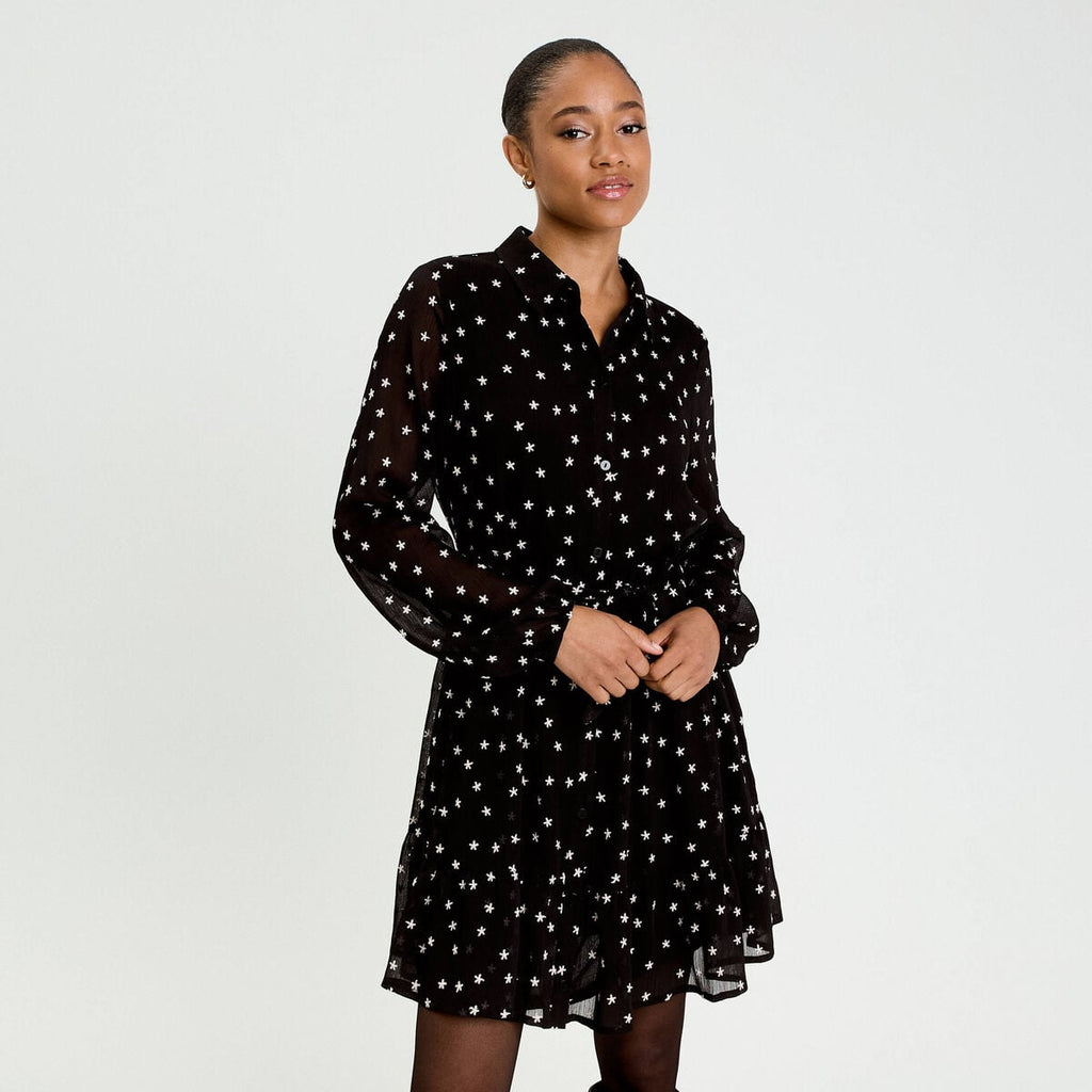 Robe brodée évasée manches longues noir femme