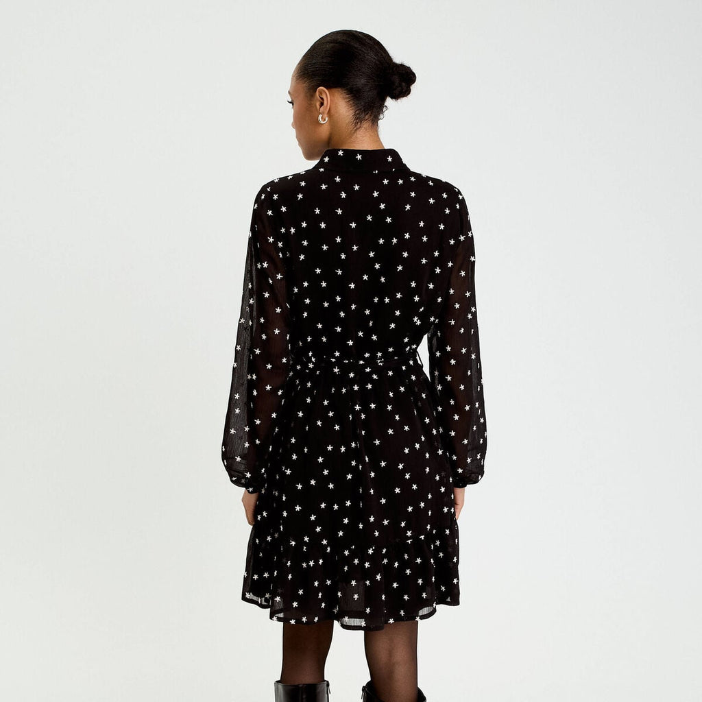 Robe brodée évasée manches longues noir femme