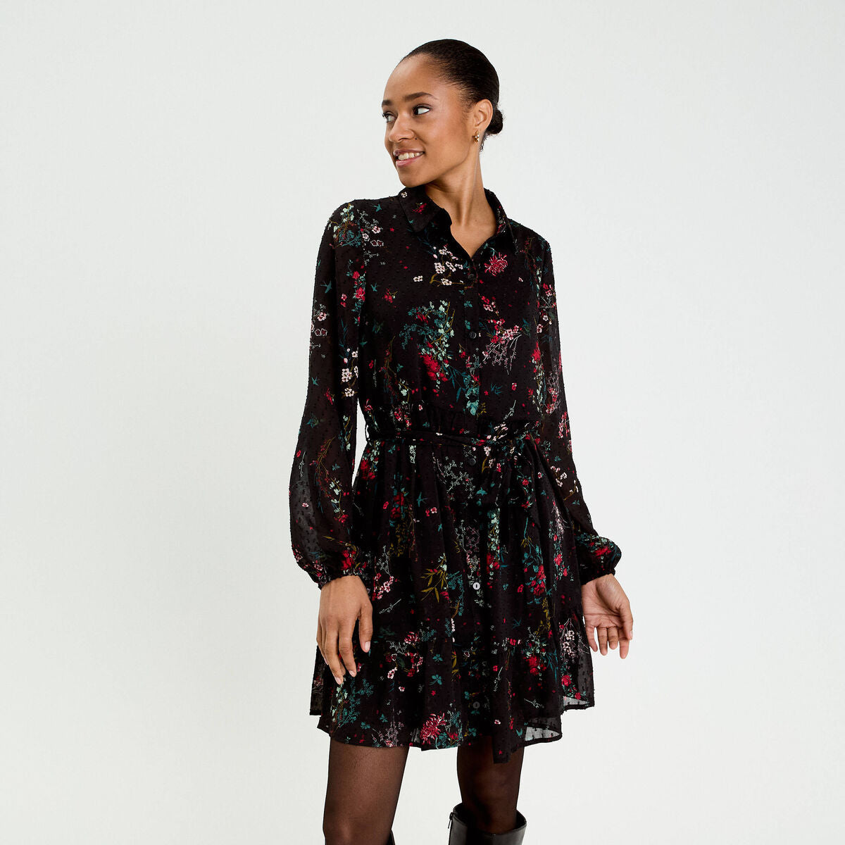 Robe évasée col chemise noir femme