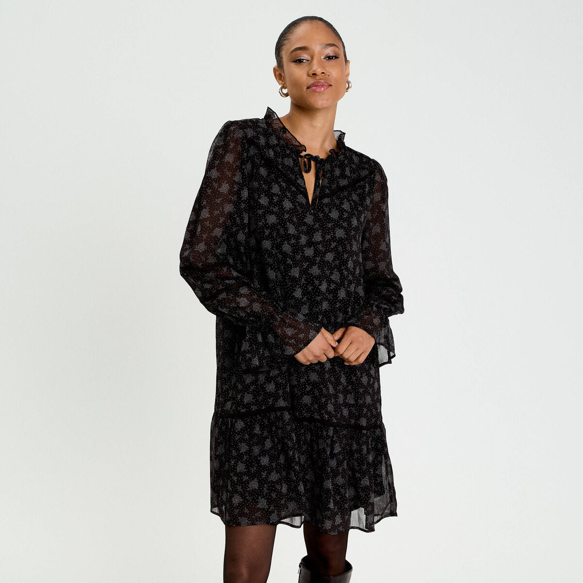 Robe évasée en voile noir femme