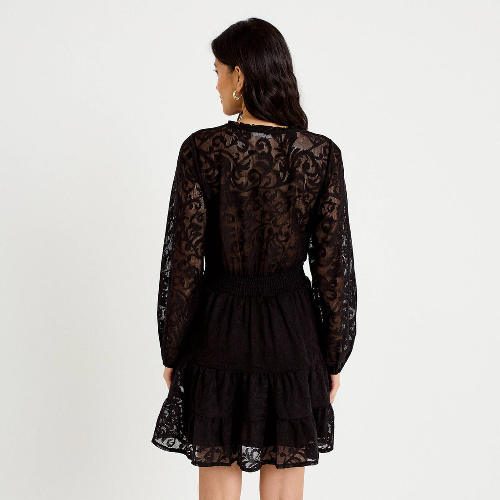 Robe courte évasée en dentelle col v noir femme