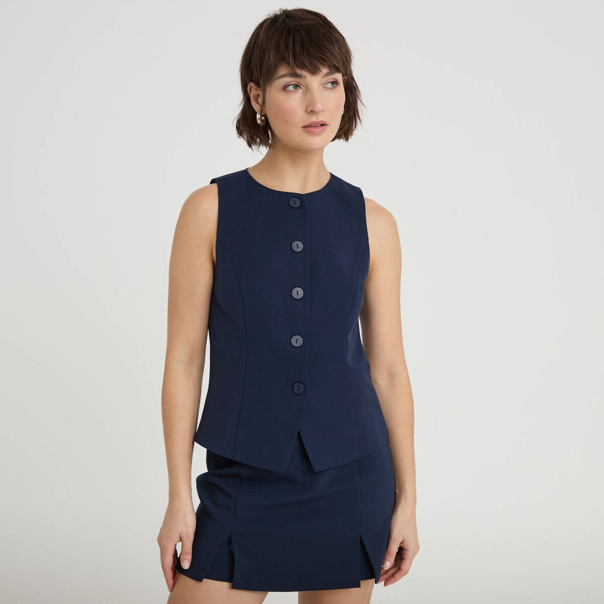 Gilet court cintré sans manches bleu marine femme