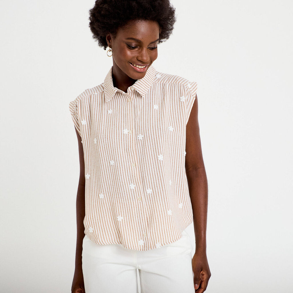Blouse sans manches col classique marron femme