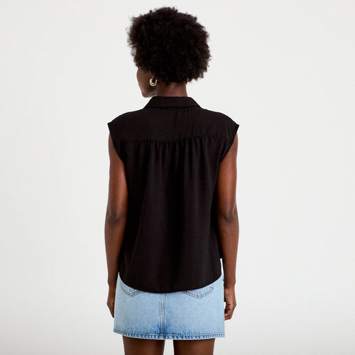 Chemise ample sans manches plissée noir femme