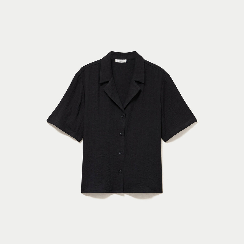 Chemise droite plissée manches courtes noir femme