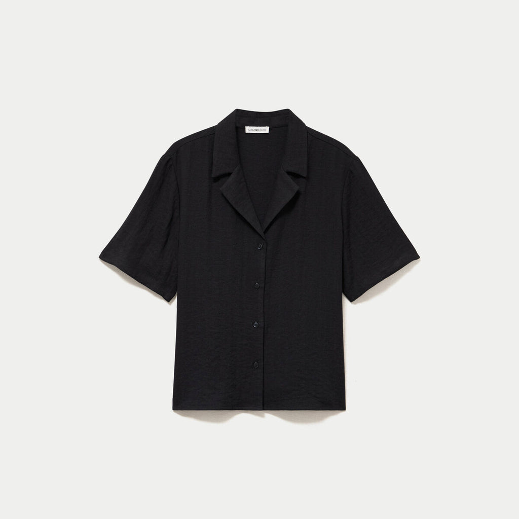 Chemise droite plissée manches courtes noir femme
