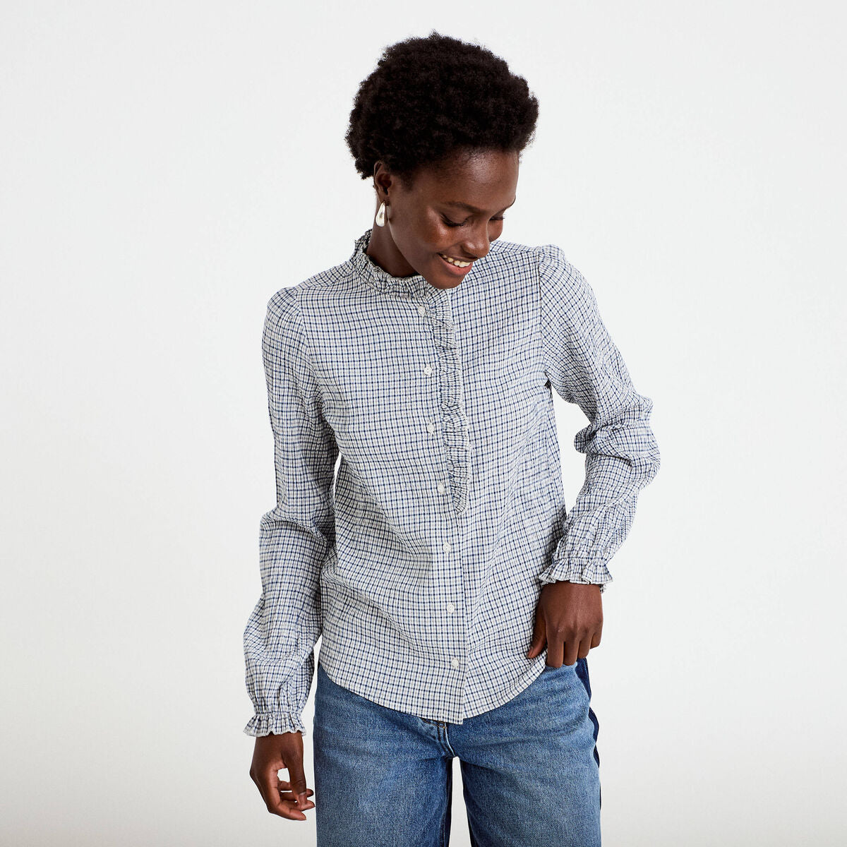 Chemise droite manches longues bleu foncé femme