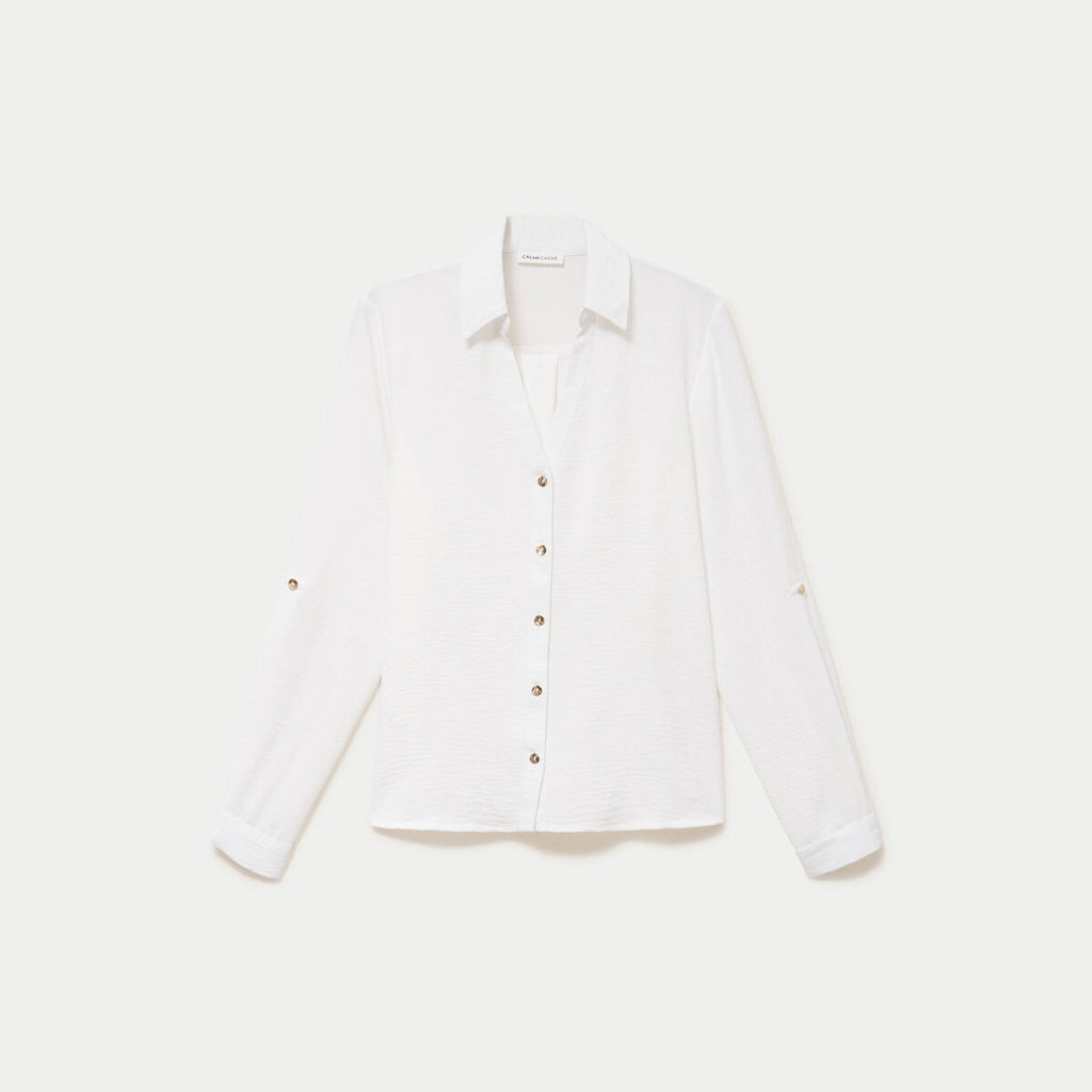 Chemise droite plissée manches longues ecru femme