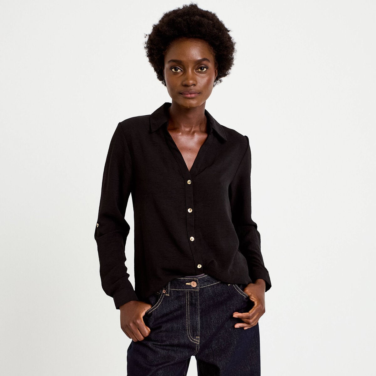 Chemise droite plissée manches longues noir femme