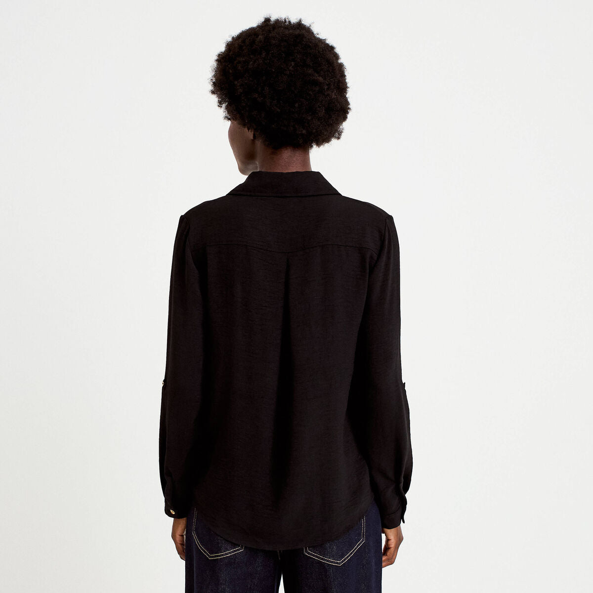 Chemise droite plissée manches longues noir femme