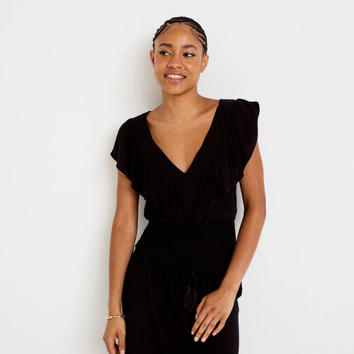 Blouse cintrée cropped sans manches noir femme