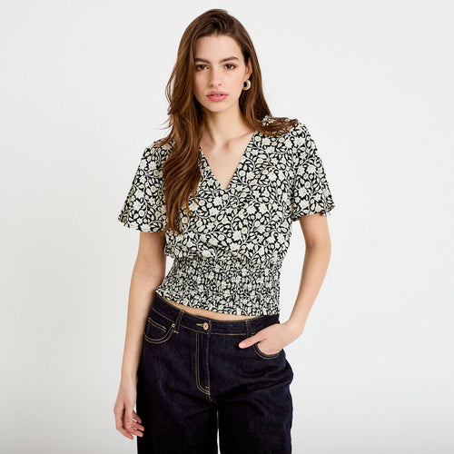 Blouse cintrée cropped manches courtes noir femme