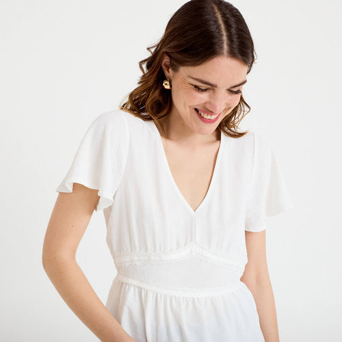 Blouse droite col v manches courtes ecru femme