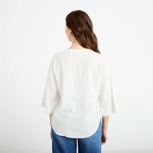 Blouse col V manches 3/4 ecru femme