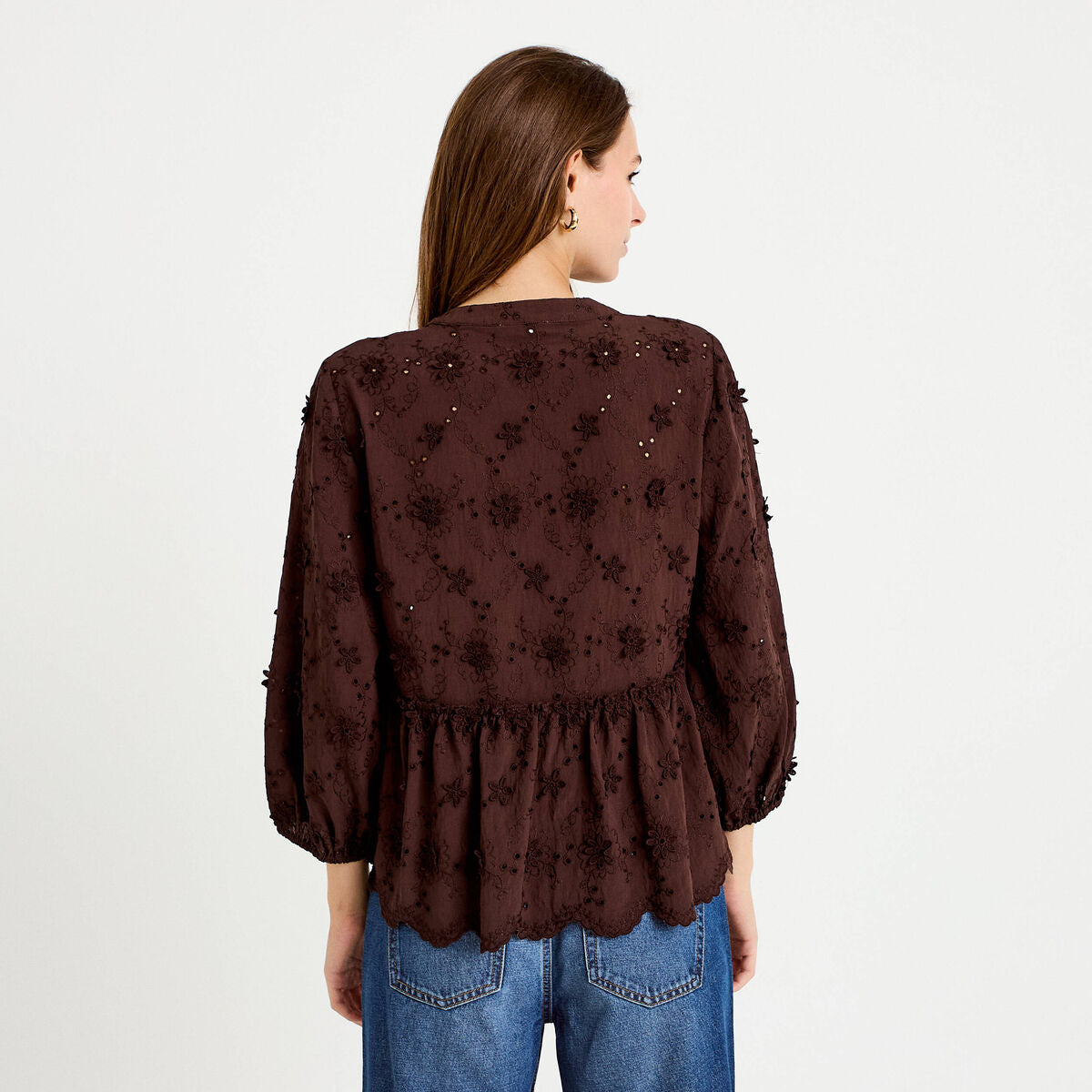 Blouse à motif en relief marron foncé femme