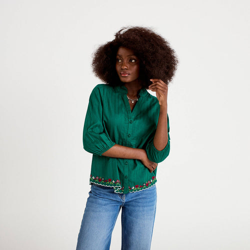 Blouse broderie col v manches 3/4 vert foncé femme