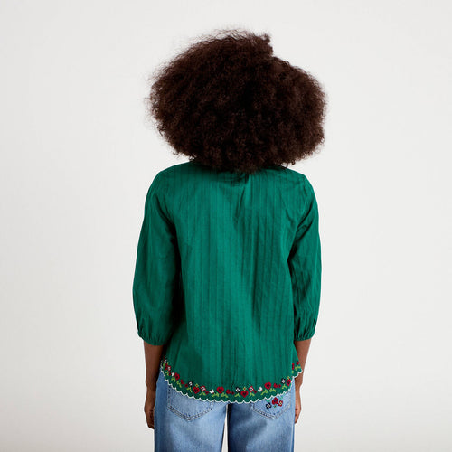 Blouse broderie col v manches 3/4 vert foncé femme