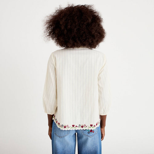 Blouse broderie col v manches 3/4 ecru femme